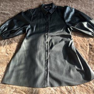 ZARA BLACK BUTTON DOWN FAUX LEATHER PUFF SLEEVE DRESS- SZ LARGE